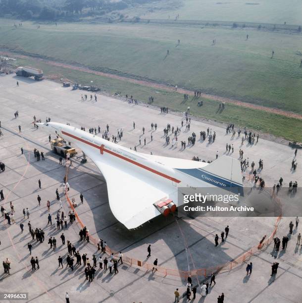 The second Anglo-French supersonic airliner, Concorde 002, at the British Aircraft Corporation's airfield at Filton, Bristol, where it was...