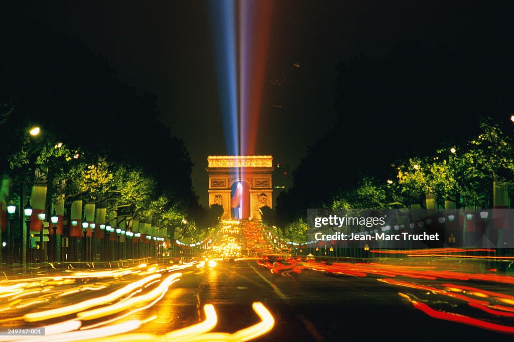 France,Paris,lasers at Arc de Triomphe on Bastille Day