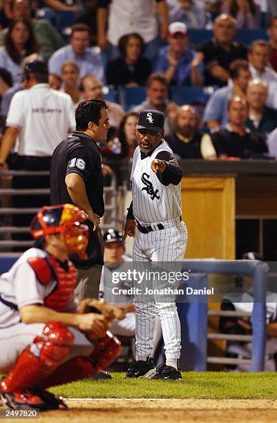 Manager Jerry Manuel of the Chicago White Sox argues a strike call with home plate umpire Mike DiMuro and gets tossed out of the game during a game...