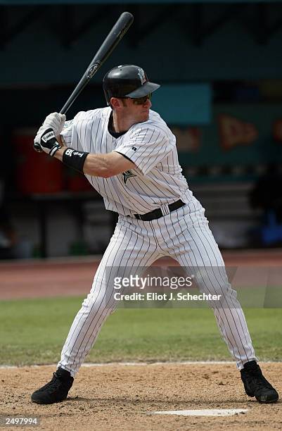 Left fielder Jeff Conine of the Florida Marlins waits for the Pittsburgh Pirates pitch during the game at Pro Player Stadium on September 4, 2003 in...