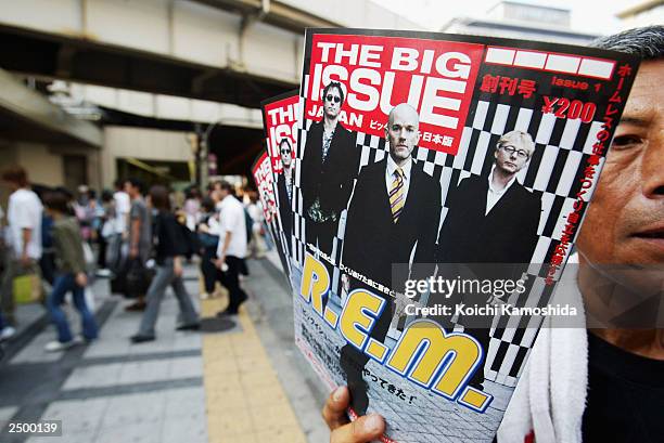 Japanese homeless man sells The Big Issue magazine on September 16, 2003 in Osaka, Japan. The Big Issue's founder, John Bird, has chosen Japan's...