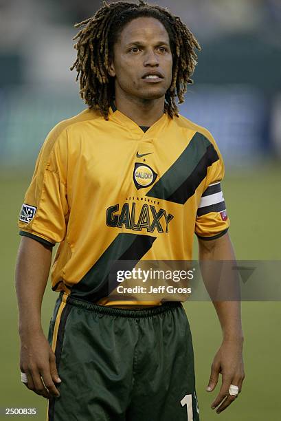 Midfielder Cobi Jones of the Los Angeles Galaxy stands on the field during the game against the Dallas Burn at the Home Depot Center on August 30,...