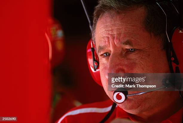 Ferrari team principal Jean Todt watches the monitor during the FIA Formula One Italian Grand Prix on September 14, 2003 at the Autodromo Nazionale...