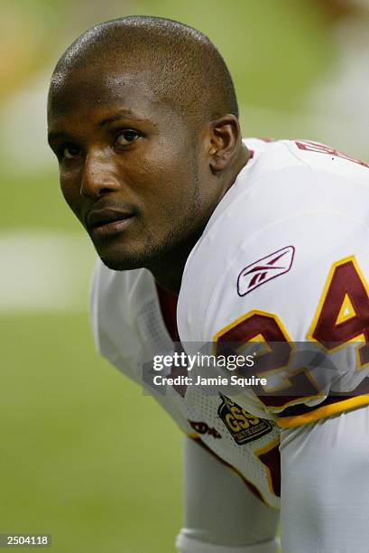 Cornerback Champ Bailey of the Washington Redskins looks on prior to a game against the Atlanta Falcons on September 14, 2003 at the Georgia Dome in...