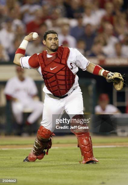 Catcher Bengie Molina of the Anaheim Angels throws the ball against the Minnesota Twins during the game at Edison Field on August 27, 2003 in...