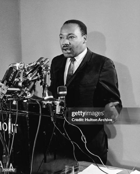 American Civil Rights leader Martin Luther King, Jr. Speaks at a press conference for Clergy & Laymen Concerned About Vietnam, held at the Belmont...