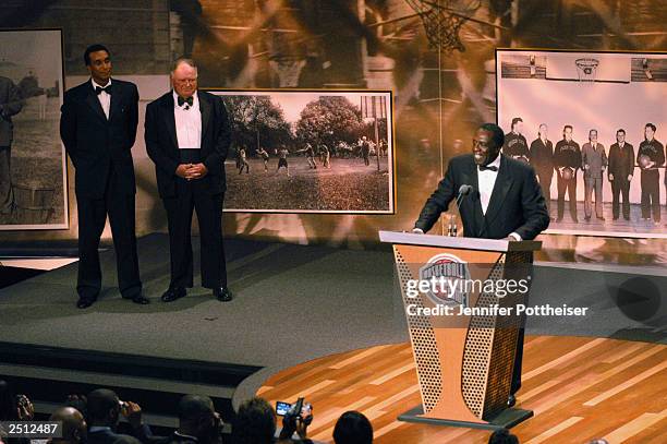 Harlem Globetrotter "Clown Prince" Meadowlark Lemon speaks at the Basketball Hall of Fame Enshrinement Ceremony on September 5, 2003 in Springfield,...