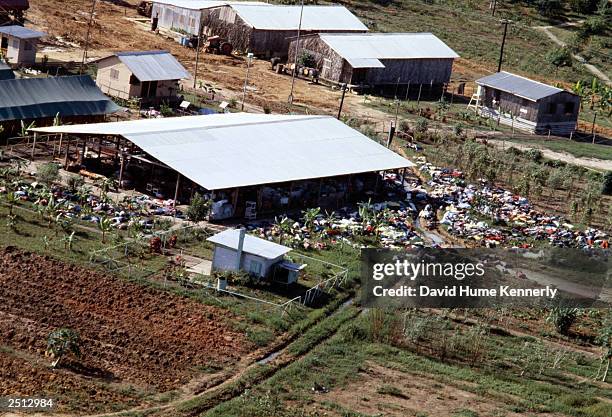 An aerial view of some of the bodies at Jonestown. November 18, 1978 over 900 members of the People's Temple Cult led by Reverend Jim Jones died in...