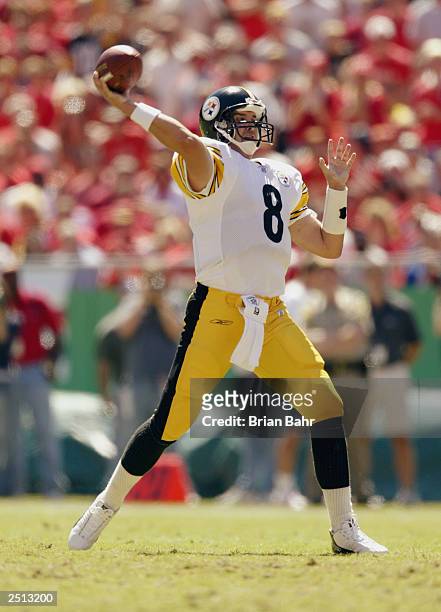 Quarterback Tommy Maddox of the Pittsburgh Steelers throws a touchdown pass to wide receiver Plaxico Burress during the game against the Kansas City...