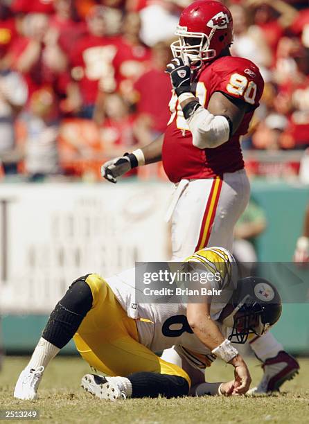 Quarterback Tommy Maddox of the Pittsburgh Steelers gets up slowly after getting hit during the game against the Kansas City Chiefs at Arrowhead...