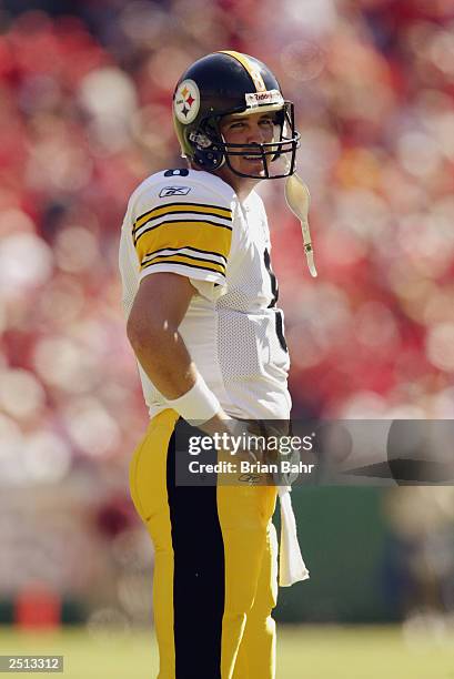 Quarterback Tommy Maddox of the Pittsburgh Steelers stands on the field during the game against the Kansas City Chiefs at Arrowhead Stadium on...