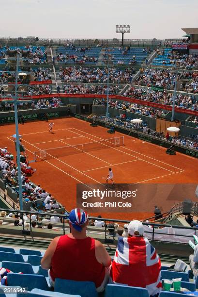 British fans watching Tim Henman Of Great Britain playing against Younes El Aynaoui of Morocco at the Davis Cup by BNP Paribas World Group Play-off...