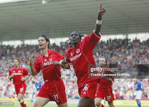 Joseph-Desire Job of Middlesbrough celebrates his goal with Malcolm Christie during the FA Barclaycard Premiership match between Middlesbrough and...