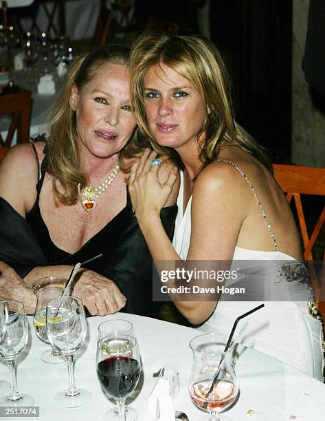 British model Rachel Hunter and actress Ursula Andress attend the pre-award cocktail party for the 14th World Music Awards at the Hotel Du Paris on...