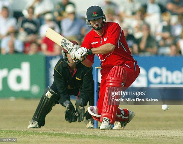 Mal Loye of Lancashire Lightning hits out on his way to a century against during the National Cricket League Division Two match between Northampton...