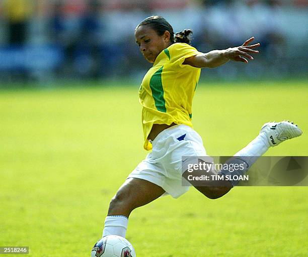 Brazil's Marta kicks the ball during the match against South Korea 21 September in the Women's 2003 World Cup at RFK Stadium in Washington, DC. AFP...