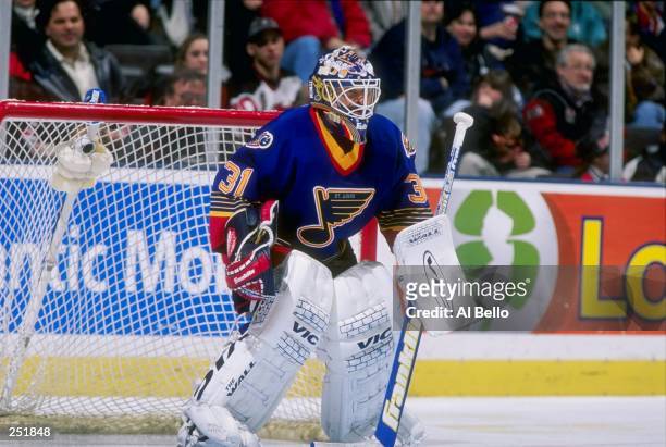 Goaltender Grant Fuhr of the St. Louis Blues during the Blues 3-1 win over the New Jersey Devils at the Contennental Airlines Arena in East...