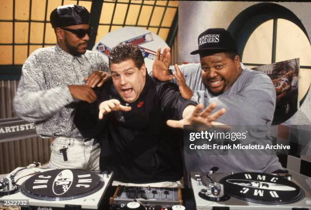 Ted Demme, producer of 'Yo! MTV Raps' with hosts Ed Lover and Dr. Dre at the MTV Studios in 1988.