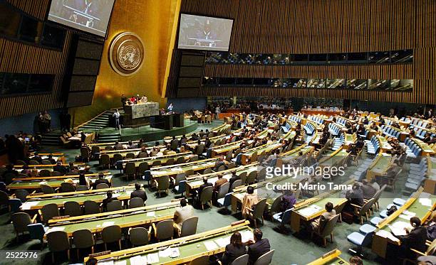 Members of the United Nations General Assembly hold a meeting on HIV/AIDS at UN headquarters September 22, 2003 in New York City. According to a...
