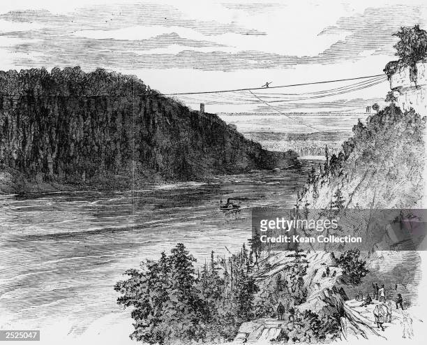 An engraving of French tightrope walker Charles Blondin making his historic first crossing of Niagara Falls, New York, June 30, 1859.