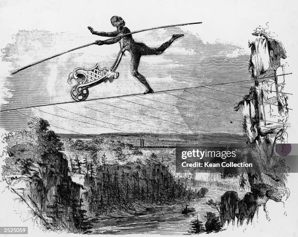 An engraving of Charles Blondin, crossing the Niagara on a tioghtrope dressed as an ape and pushing a wheelbarrow, Niagara, New York, July 14, 1859.