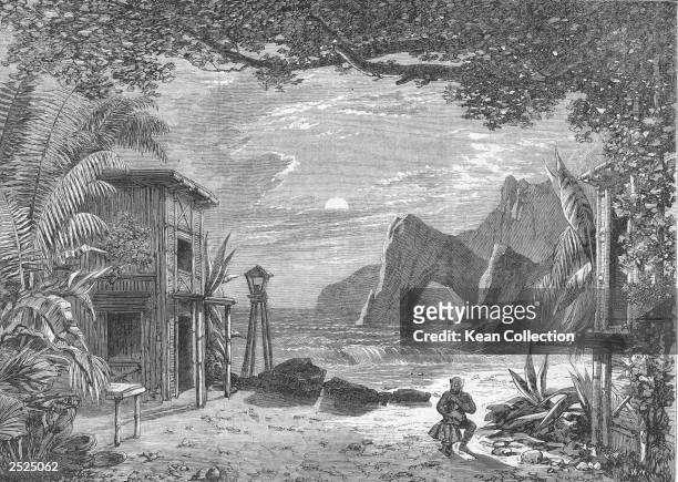 An engraving of French tightrope walker Charles Blondin, dressed as an ape and hugging a child against a backdrop of a house on the coast of Brazil...