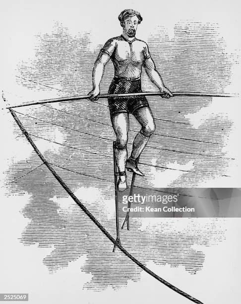 An engraving of French tightrope walker Charles Blondin walking on a tightrope on stilts, 1860.