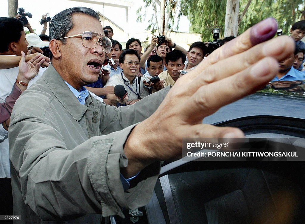 Hun San Prime Minister Hun Sen, leader of the Cambodian Peoples Party waves ...