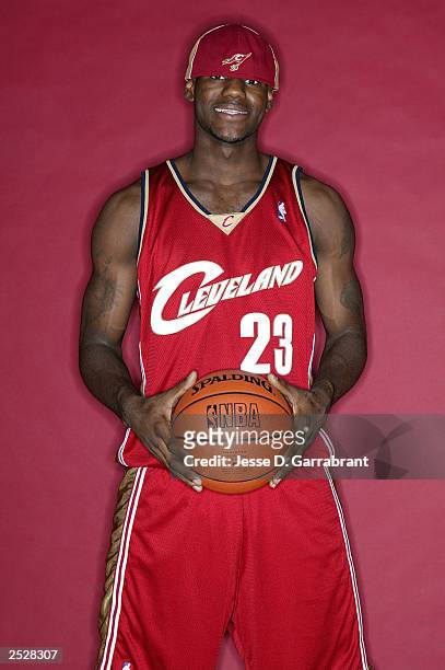 LeBron James of the Cleveland Cavaliers poses for a picture during the 2003 NBA Rookie shoot on September 10, 2003 in New York, New York. NOTE TO...