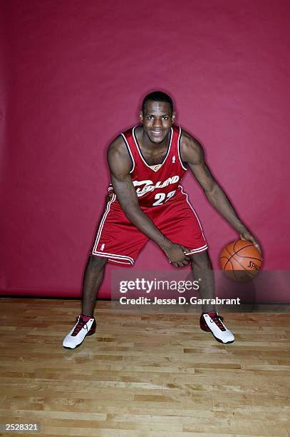 LeBron James of the Cleveland Cavaliers moves the ball during the 2003 NBA Rookie shoot on September 10, 2003 in New York, New York. NOTE TO USER:...