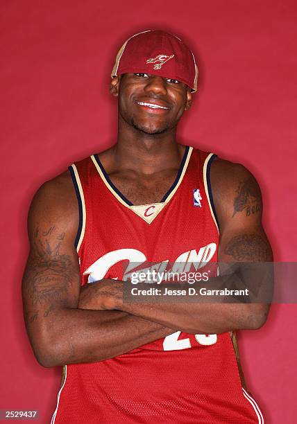 LeBron James of the Cleveland Cavaliers poses for a portrait during the 2003 NBA Rookie Shoot on September 10, 2003 in New York City, New York. NOTE...