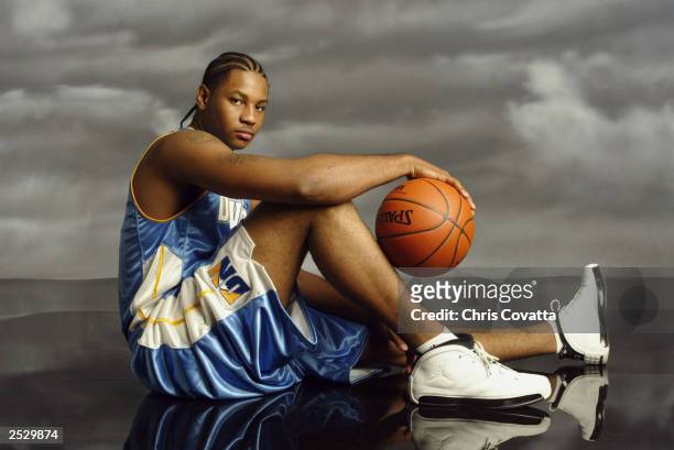 Carmelo Anthony of the Denver Nuggets poses during the 2003 NBA Rookie shoot at the MSG Training Facility on August 7, 2003 in Tarrytown, New York....