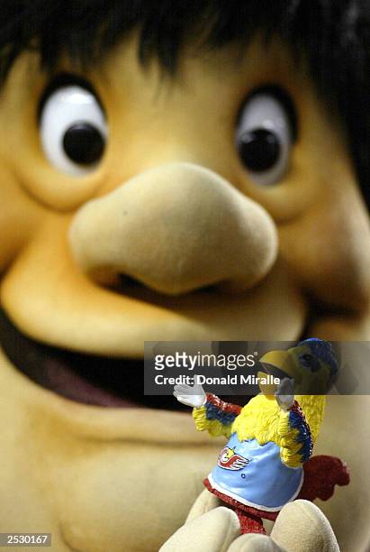 San Diego Padres mascot, The Friar, holds the Crazy Chicken Mascot Bobble-head hostage during the Los Angeles Dodgers vs. The San Diego Padres on...