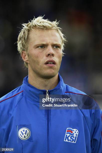 Eidur Gudjohnsen of Iceland during the team line-up prior to the Euro 2004 Championship qualifying match between Iceland and Germany on September 6...