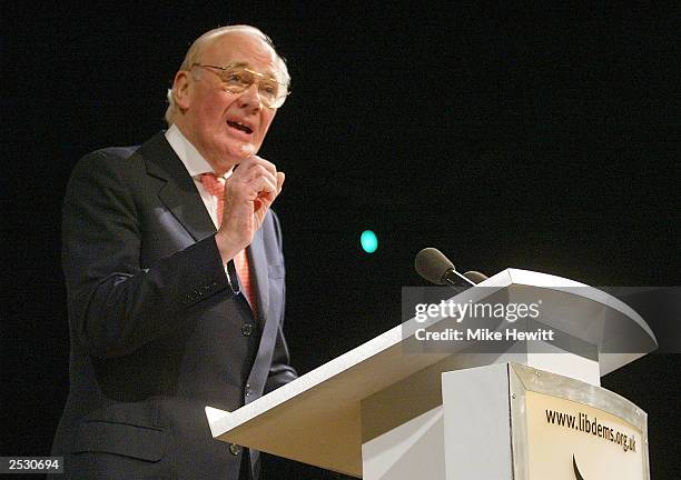 Liberal Democrat MP Menzies Campbell addresses delegates during the Liberal Democrat Conference at the Brighton Centre on September 24, 2003 in...