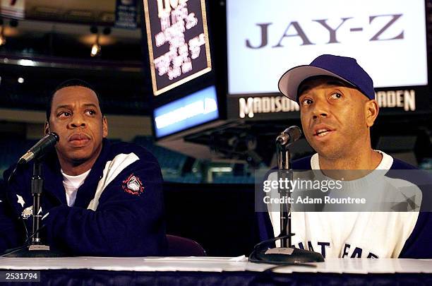 Rap artist Jay-Z and Russell Simmons speaks to the media during a press confrence to announce Jay-Z's concert at Madison Square Garden and the...