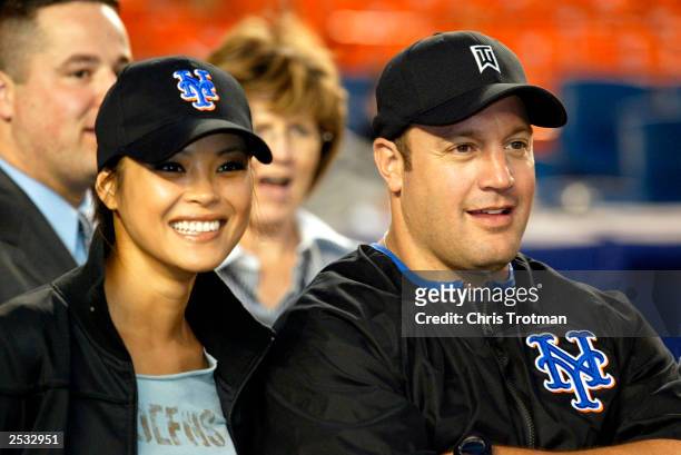 Kevin James of "The King of Queens" with his girllfriend before throwing out the first pitch as the New York Mets played the Pittsburgh Pirates at...
