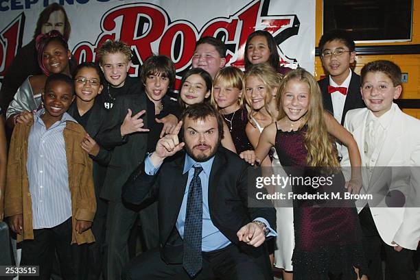 Jack Black and fellow cast members attend the premiere of the movie "School of Rock" at the Cinerama Dome September 24, 2003 in Hollywood, California.