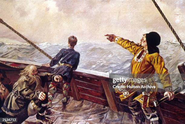 Painting of Norwegian explorer Leif Eriksson on board a ship 'discovering America,' by Per Krohg .