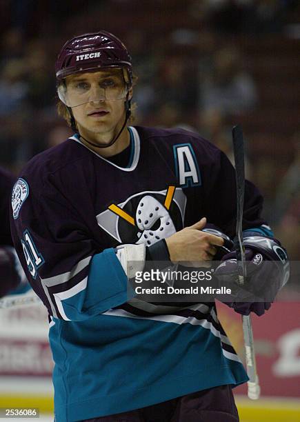 Sergei Fedorov of the Anaheim Mighty Ducks looks on during his team's preseason NHL game against the San Jose Sharks on September 19, 2003 at the...