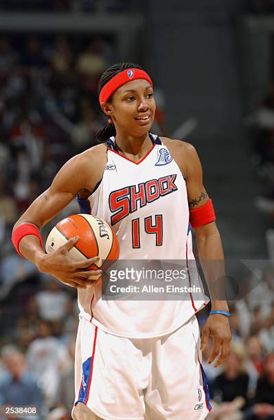Deanna Nolan of the Detroit Shock looks on during game three of the 2003 WNBA Finals against the Los Angeles Sparks at the Palace of Auburn Hills on...