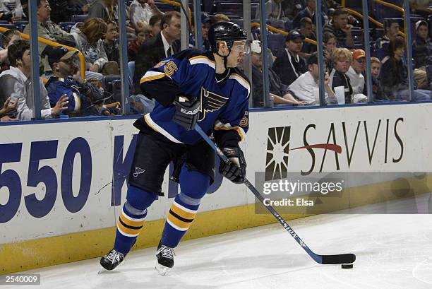 Christian Backman of the St. Louis Blues waits for the play to develop during a game against the Columbus BlueJackets on September 19, 2003 at the...