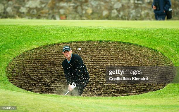 Jarrod Moseley of Australia finds trouble with the famous 'Road Hole' bunker on the 17th green, he scored a quadruple eight during the third round of...