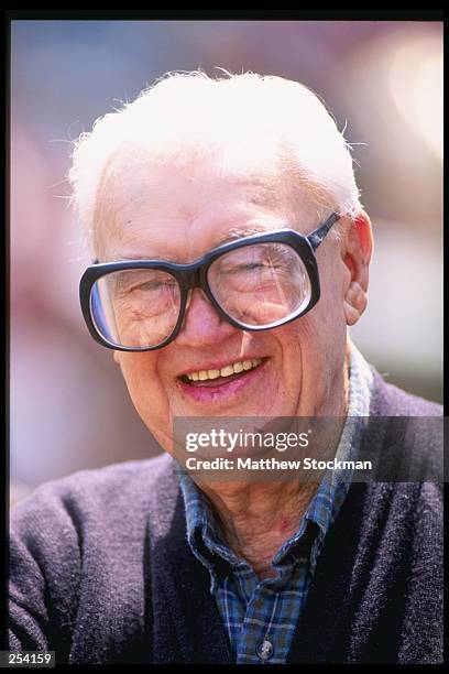 Announcer Harry Caray relaxes during a game between the Chicago Cubs and the San Diego Padres at Wrigley Field in Chicago, Illinois. The Cubs won the...