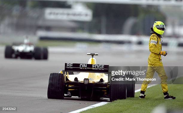 Ralph Firman of Great Britain and Jordan exits the race during the Formula One United States Grand Prix, on September 28, 2003 in Indianapolis,...