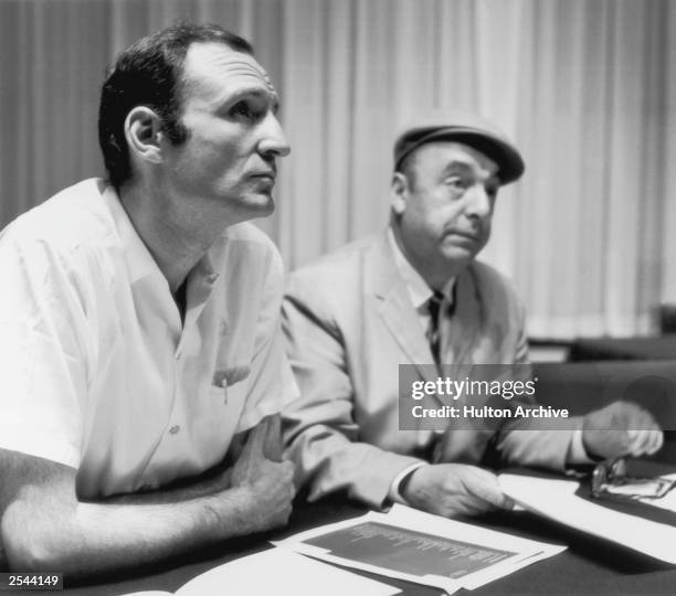 Chilean poet and diplomat Pablo Neruda with French anthropologist and poet Nathaniel Tarn in 1967. Tarn famously translated Neruda's 'The Heights of...