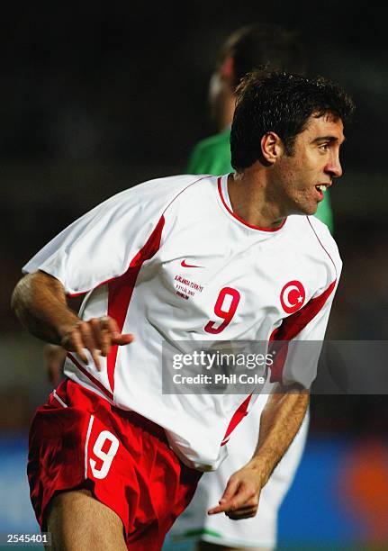 Hakan Sukur of Turkey celebrates his goal during the International Friendly match between Republic of Ireland and Turkey held on September 9, 2003 at...