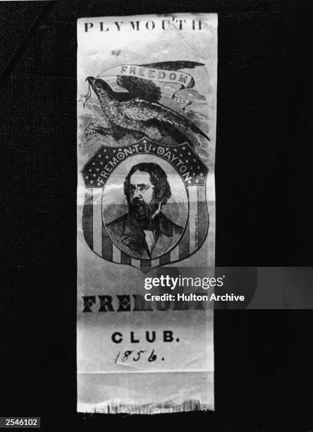 An 1856 United States presidential campaign ribbon for John Fremont, the first Republican nominee for President who lost to James Buchanan. Fremont...