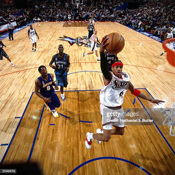 Allen Iverson of the Philadelphia 76ers drives to the basket for a layup during the 2002 NBA All-Star Game at the First Union Center on February 10,...