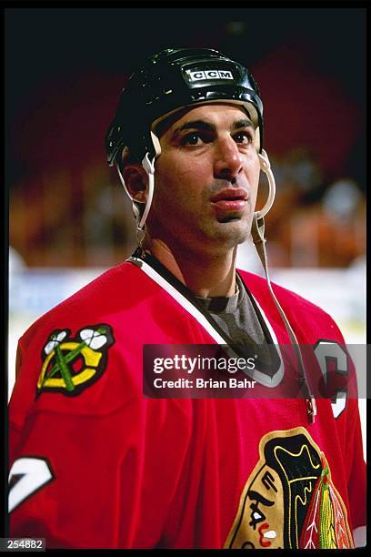 Defensemen Chris Chelios of the Chicago Blackhawks relaxes during a game against the Los Angeles Kings at the Great Western Forum in Inglewood,...